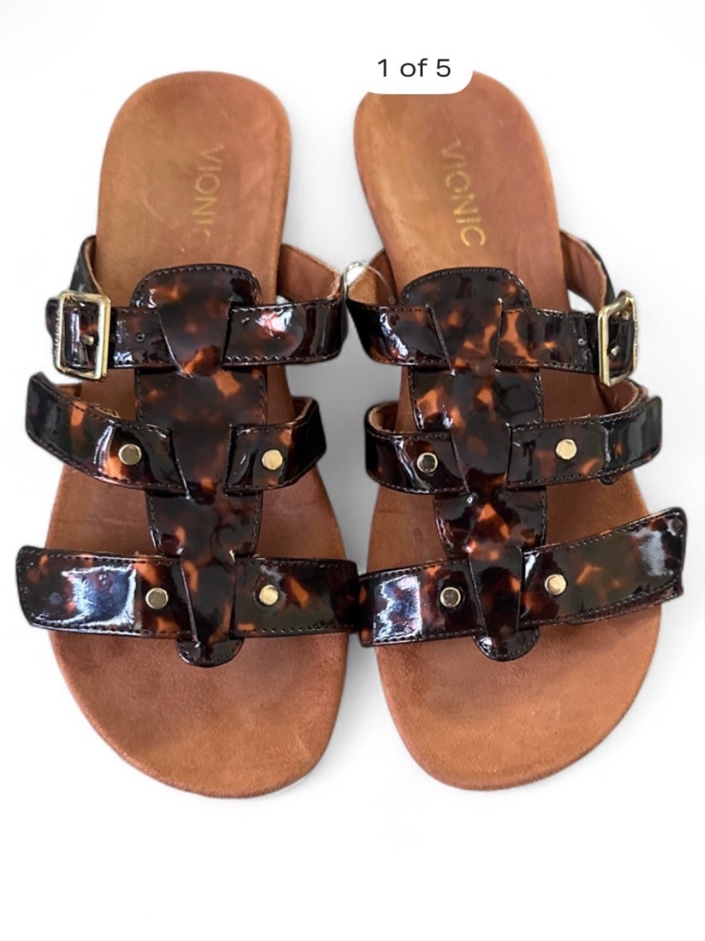Vionic Tortoise Patent Leather Buckle Slide Sandals - Brown/Black